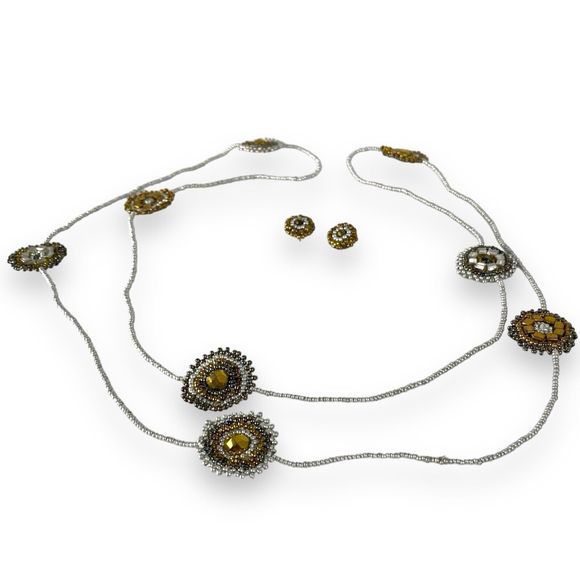 Beaded Necklace & Earrings Set Silver Bronze Chain Long Layered Jewelry - Picture 2 of 6
